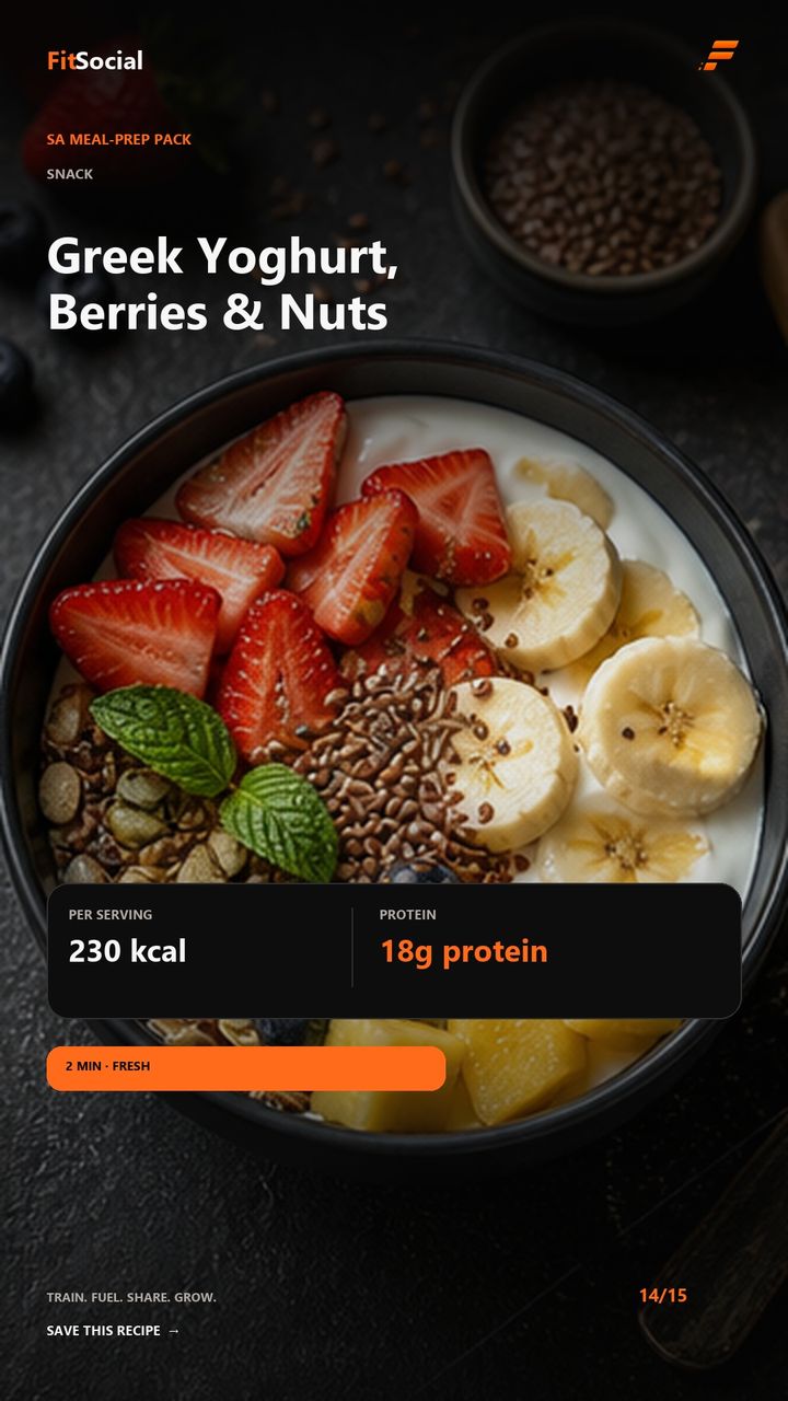 Greek yoghurt, berries and nuts — 230 kcal, 18g protein snack