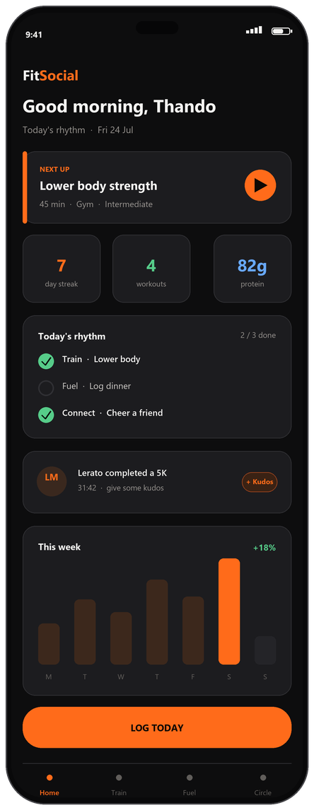 FitSocial home screen showing today's training rhythm