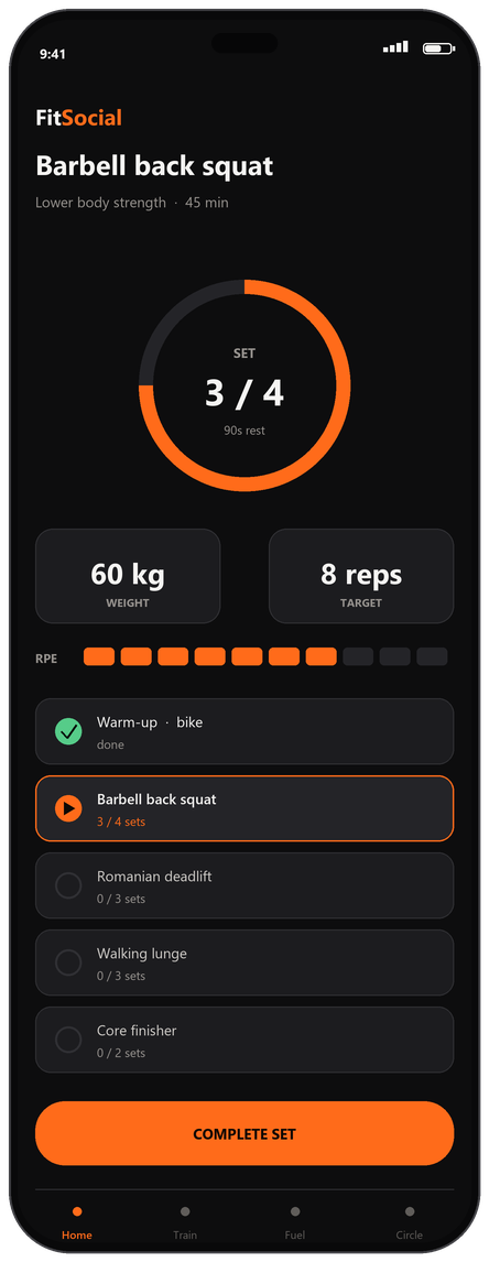 FitSocial active workout session screen